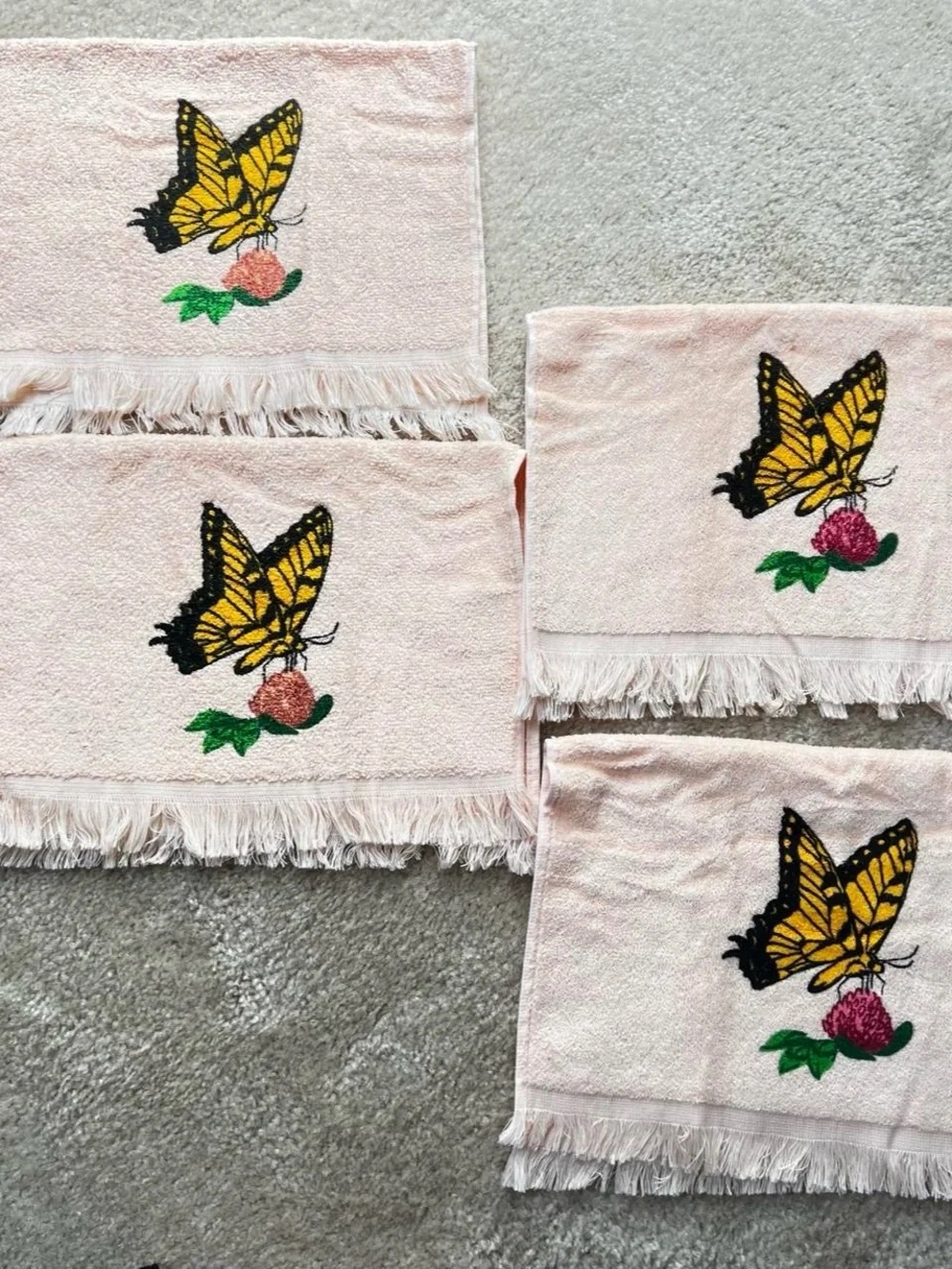 Vintage Leshner Of St. Mary Ohio Fingertip Bathroom Towels Pink Butterfly USA